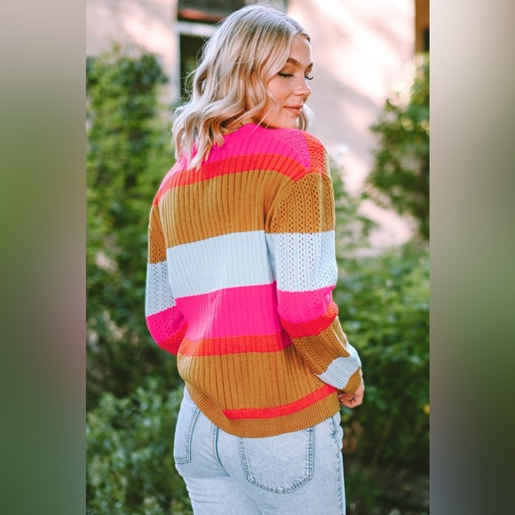 Striped V-Neck Button Up Cardigan - Picture 2 of 3